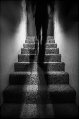 Produktbild von Wallario Poster - Mysteriöse Treppe mit Schattenfigur - Schwarzweiß, Kunstdruck Größe: 61 x 91,50 cm