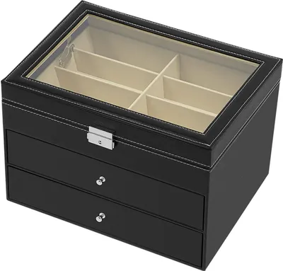 Produktbild von Brillenbox - 3-stöckige Aufbewahrungsbox - 24 Fächer - Klarglas-Deckel - Für Schmuck & Brillen - 34×25×19 cm - Schwarz