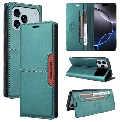 Obrázek produktu pro Pouzdro pro iPhone 17 Pro, kožené flipové peněženkové pouzdro s přihrádkou na karty a stojánkem Zelený