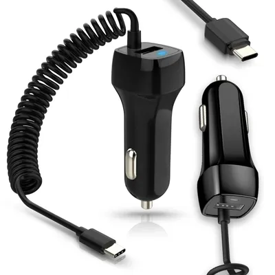 A black car charger with a coiled USB-C cable and a separate USB-C cable and car charger are displayed against a white background.