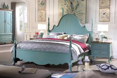 Produktbild von Schlafzimmer Landhaus Möbel 4tlg. Set Bett 2x Nachttisch Hocker Holz Betten Neu