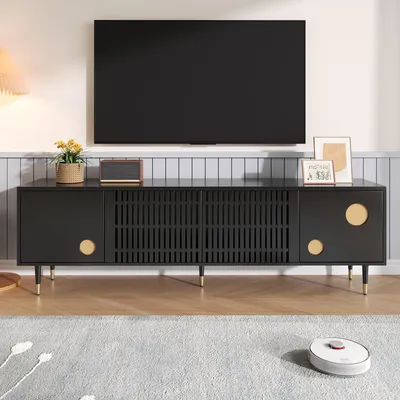 Immagine prodotto di Mobile TV Merax 170×36×54 cm, mobile TV con struttura a griglia e decori dorati, lavagna con 4 ante, passacavi e protezione antiribaltamento, mobile da soggiorno nero