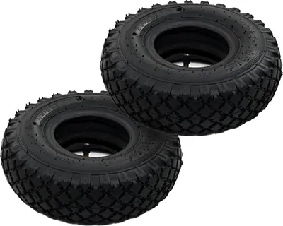 Two black rubber tires with inner tubes are shown against a white background.