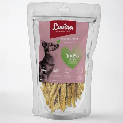 Obrázok produktu pre LOVIRA Pamlsky pre psov – sušené morčacie prsia, doplnok zdravej výživy, prírodné mäkké pamlsky pre malé a veľké psy, 80 g