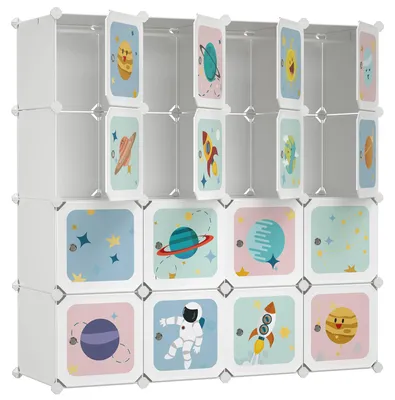 Produktbild von SONGMICS Kleiderschrank, DIY-Aufbewahrungsschrank, für hängende Kleidung, Aufbewahrung, für Kinder, mit 16 Würfeln, 4 Hängestangen, 123 x 41 x 123 cm, weiß LPC905W01