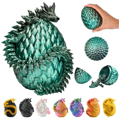 A collage of dragon egg collectibles in various colors, with a larger dragon egg and a dragon figurine shown in detail.