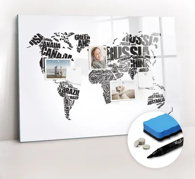 Produktbild von Magnetpinnwand Memoboard - Zubehörsatz - Schwarzer Marker + Schwamm + Magnete - 100 x 70 cm - Weltkarte mit Inschriften
