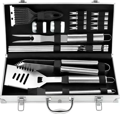 Produktbild von 20-teiliges Grillset: Edelstahlbesteck in einem Aluminiumkoffer.