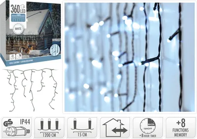 Collage of product packaging, a diagram of icicle lights, and a close-up of the lights.