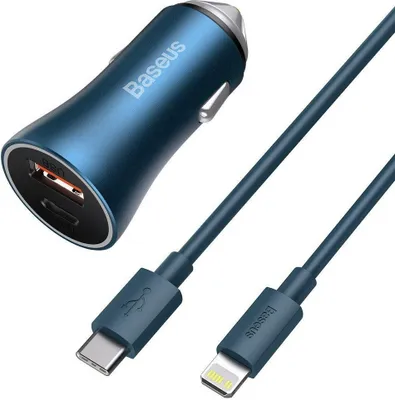 Produktbild von Baseus Golden Contactor Pro rýchla nabíjačka do auta USB typu C / USB 40 W Power Delivery 3.0 Quick Charge 4+ SCP FCP AFC + USB typu C - Lightning modrý kábel (TZCCJD-03)