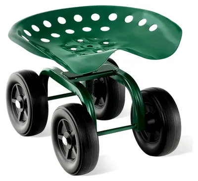 Produktbild von Gartenhocker mit Rollen, drehbarer Sitz für Gartenarbeit, höhenverstellbar bis 150 kg, breite Reifen, Gartensitz aus Metall, Grün