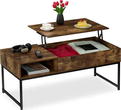Produktbild von Relaxdays Couchtisch aufklappbar, HBT: 45x110x50 cm, Seitenfach, Wohnzimmertisch mit Stauraum, Holzoptik & Metall, braun