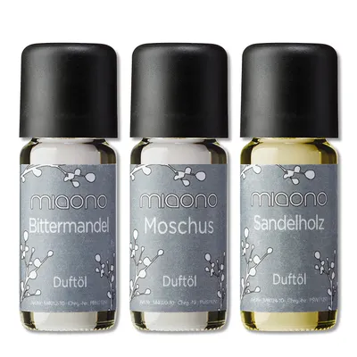 Produktbild von Duftöl Set - herbe Düfte - Sandelholz, Moschus, Bittermandel - Aromaöl für Duftlampe und Diffuser von miaono