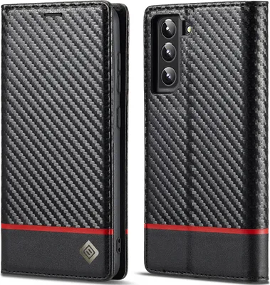 Produktbild von Hülle für Samsung Galaxy S22+ 5G Kohlefaser Leder Brieftasche Schutzhülle mit Standfunktion Schwarz Horizontal Rot