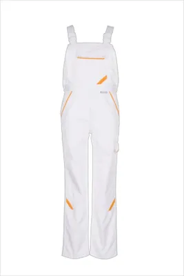 A white and yellow pair of overalls on a white background.