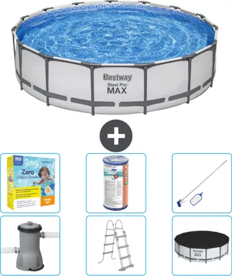 Produktbild von Bestway Round Steel Pro MAX Schwimmbad – 457 x 107 cm – Grau – inklusive Pumpe – Leiter – Abdeckung Wartungspaket - Filter - Reinigungskit