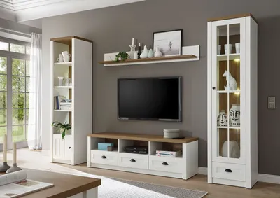 Immagine prodotto di Parete attrezzata multimediale Casa di campagna Parete attrezzata soggiorno 260cm pino bianco rovere chiaro