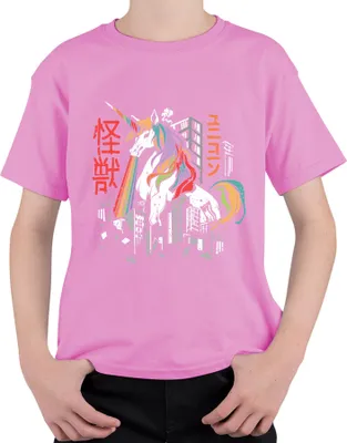 Produktbild von Einhorn Regenbogen Kaiju Monster Stadt Zerstörung ユニコーン 怪獣 Retro Uni Kinder T-Shirt, Pink, 128