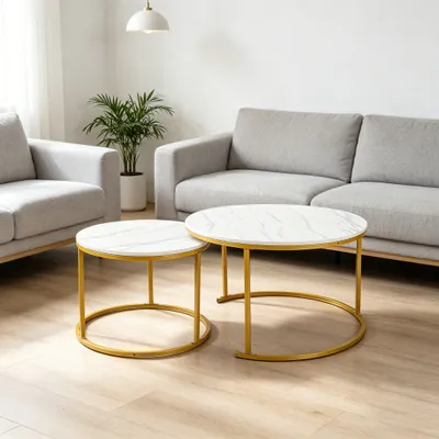 Produktbild von Couchtisch Rund aus Holz,Satztisch 2er Set,Imitation Marble Couchtisch mit Metallgestell,Stapelbar Beistelltisch Set,Modern Kaffeetisch (Ø60cm/40cm)