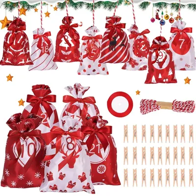 24 Adventskalenderbeutel zum Befüllen, rot, mit Zahlen 1–24