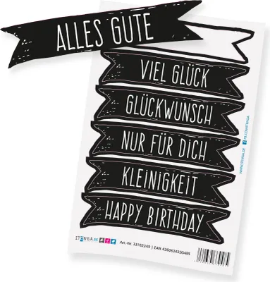 Produktbild von itenga Stickerbogen Mix 6x Sticker "Alles Gute / Happy Birthday..." schwarz weiß