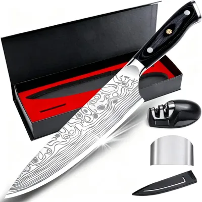 Produktbild von Messer-Set Profi Chefmesser Set – Scharfe 20 cm Klinge aus hochwertigem Edelstahl Kochmesser Messer Fleischmesser Küchenmesser mit Messerschärfer
