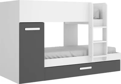 Produktbild von Kinderbett Dcierv, Komplettes Schlafzimmer mit Kleiderschrank und Schublade, Etagenbettkomposition mit zwei Einzelbetten, 244x112h150 cm, Weiß und Anthrazit