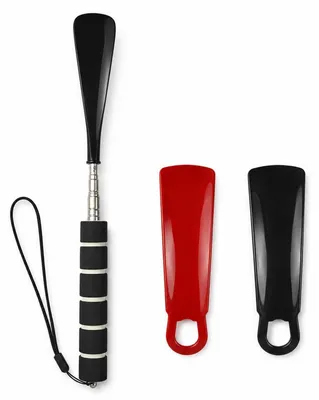 Immagine prodotto di Set di 3 aiutanti per indossare le scarpe, estensibili, in acciaio inossidabile e plastica, colore nero e rosso, con manico telescopico e impugnatura in spugna