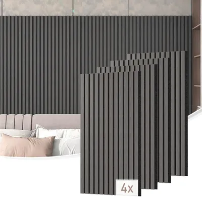 Obrázek produktu pro YARDIN Dřevěné akustické MDF panely, sada 4 ks, 120 x 60 cm, 2,88 m² – akustické panely, zvukově izolační desky, pohlcovače zvuku, obklad stěn, obývací pokoj, kancelář, domácí kino, dub, černá