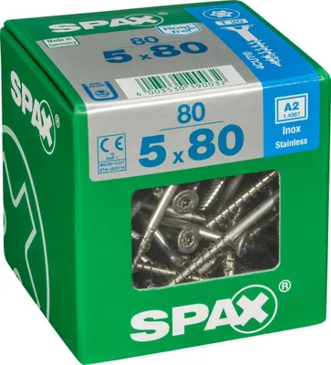 Immagine prodotto di Set di 80 viti SPAX in acciaio inox testa svasata torx, Diam.5 mm x L.80 mm