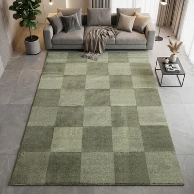 Produktbild von Pflegeleichter Kurzflor Teppich Grün mit modernem Karomuster Größe - 80 x 150 cm