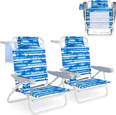 Immagine prodotto di KOMFOTTEU set con 2 sedie pieghevoli, sedia da spiaggia con schienale regolabile in 5 posizioni, lettino da spiaggia con porta bevande e porta asciugamani, lettino per campeggio, picnic (blu)