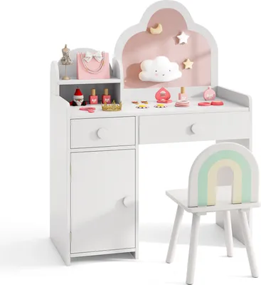 A white children's vanity table and chair set with a cloud-shaped mirror and rainbow accents.
