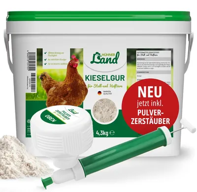 Produktbild von HÜHNER Land Kieselgur für Hühner 4,3kg INKLUSIVE Pulverzerstäuber - Reines Kieselgur Hühner Pulver, Kieselerde Pulver, Naturprodukt für Hühnerstall, Labor für Geflügel Betriebe