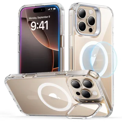 Image de Coque de protection pour iPhone 16 Pro, compatible MagSafe, protection conforme aux normes militaires, support intégré, transparente