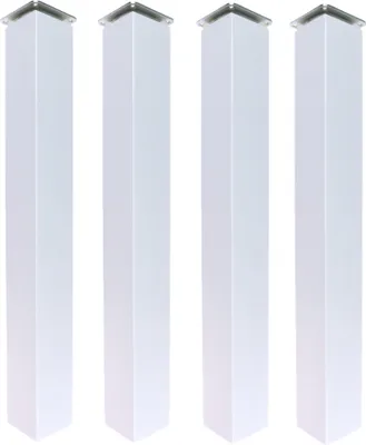 Four white square table legs with silver caps on top, arranged in a row against a white background.