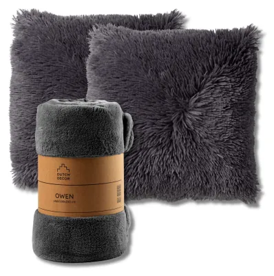 Produktbild von Dutch Decor SPARSET - 3-teilig - Fluffy & Owen - 2 Dekokissen 45x45 cm - 1 Wohndecke 130x160 cm - Anthrazit