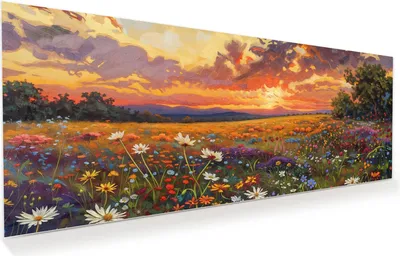 Produktbild von Glasbild 150x60cm in XXL für Wohnzimmer, Schlafzimmer Motiv Blumenwiese Sonnenuntergang