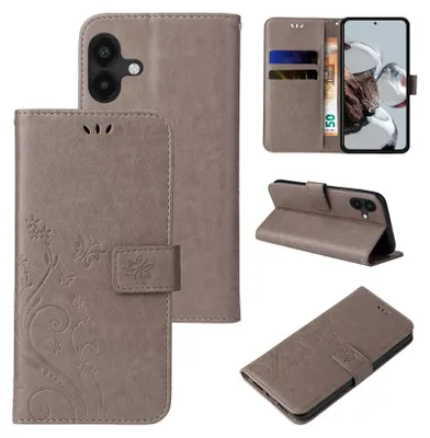 Produktbild von Handyhülle für Samsung Galaxy A04 Floral Blumen Schmetterling Flip Cover Hülle Case Klapphülle Handytasche Farbe: Grau