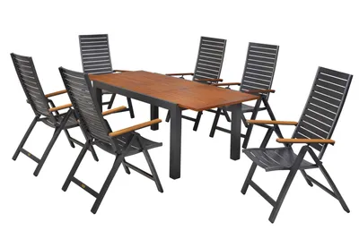 Produktbild von Merxx Gartenmöbel Set Astros 7tlg., 6 Klappsessel, Ausziehtisch 150 (200) x 90 cm- Aluminium/Akazie/Kunststoff