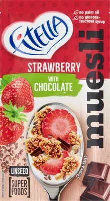 Zdjęcie produktu dla Fitella Musli Chrupkie Truskawkowe Z Siemieniem Lnianym I Kawałkami Czekolady 50 G