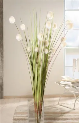 Produktbild von 4er Set Dekobündel "Blütenkugel", 105 cm hoch, Kunstgras mit weißen Blüten, Gräserbündel, Ziergras
