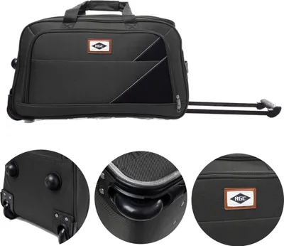 A collage of images showing a travel duffel bag with wheels and an extendable handle, along with close-up views of its features.