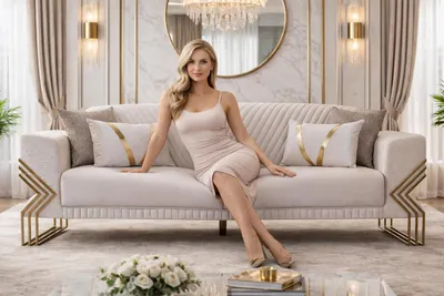 Zdjęcie produktu dla Nowoczesna, beżowa kanapa trójmiejscowa, elegancki model, tapicerowana tkaniną. Stylowa sofa