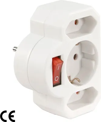A white electrical adapter with a red switch and three sockets, with a CE logo at the bottom left.