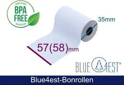 Produktbild von Thermorolle - 57(58) 35 12 (B/D(max.)/K) weiss, 14m, Blue4est® (Blau) Ökopapier