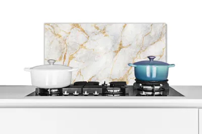 Produktbild von KitchenYeah®  Spritzschutz Küche - Küchenrückwand - Wandschutz für Herd und Spüle - Marmor - Weiß - Gold - Abstrakt 60x30 - Alu-Dibond (Alternative zum Spritzschutz aus Glas) - Hitzebeständig - Herdsp