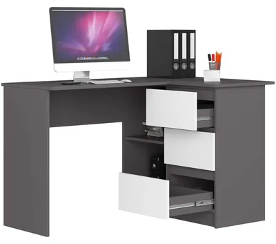 Obrázek produktu pro Rohový psací stůl 124 cm se 3 zásuvkami, počítačový stůl ve tvaru L, rohová skříňka se 2 přihrádkami