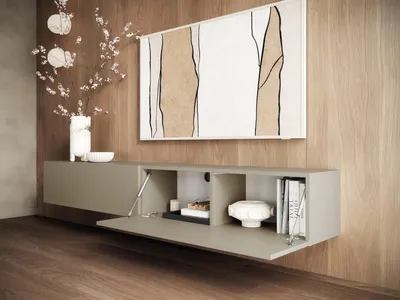 A modern living room with a wall-mounted TV lowboard.