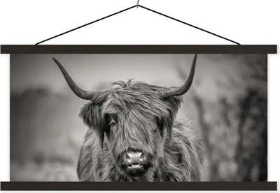 Produktbild von MuchoWow® Textilposter Schottisches Hochlandrind - Schwarz und Weiß 150x75 cm mit schwarzem Rahmen - Posterleiste